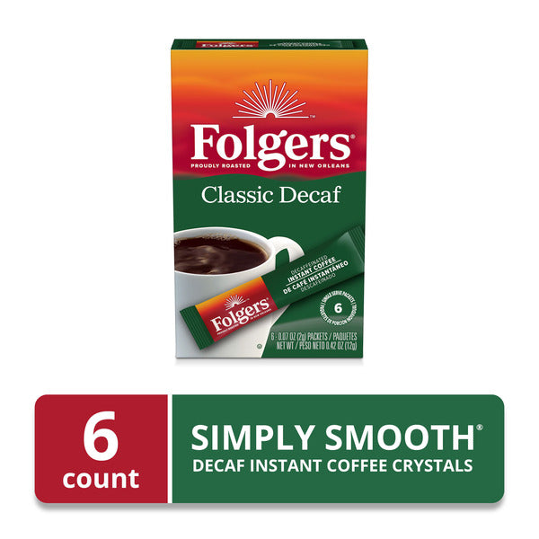 Folgers Classic Decaf Instant Coffee Crystals Paquetes, 6 Contenido