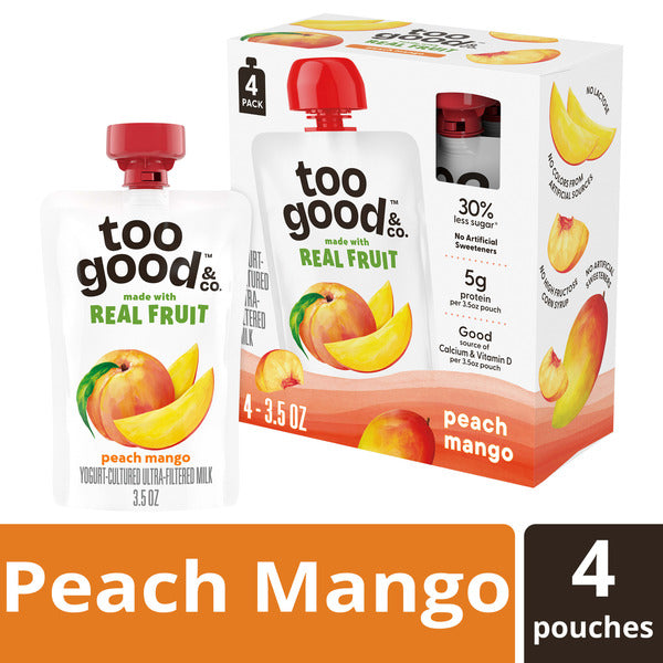 Pochettes de lait cultivé au yaourt pêche-mangue Too Good & Co., 4 unités