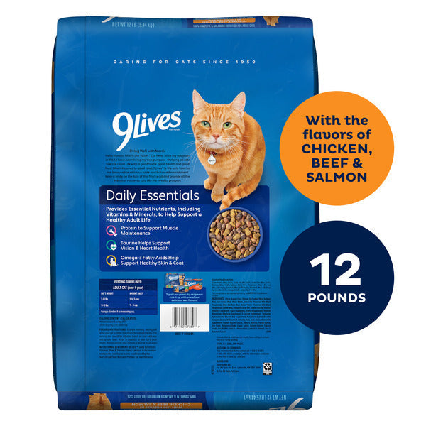 9Lives Daily Essentials Comida Seca para Gatos - Sabores de Pollo, Res y Salmón