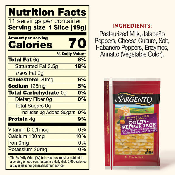 Queso Sargento Natural Colby-Pepper Jack en Rodajas, 11 Rodajas
