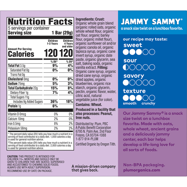 Barre de myrtille et d'avoine Jammy Sammy® de Plum Organics®