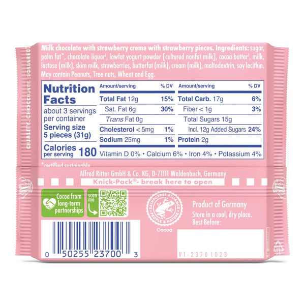 Barra de Chocolate con Leche Ritter Sport con Relleno de Crema de Fresa