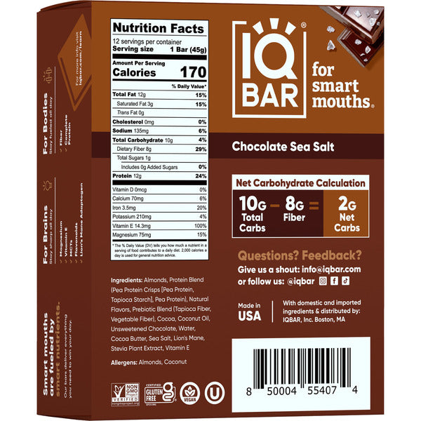 Barras de Proteína IQBAR de Chocolate y Sal Marina - Keto y Veganas