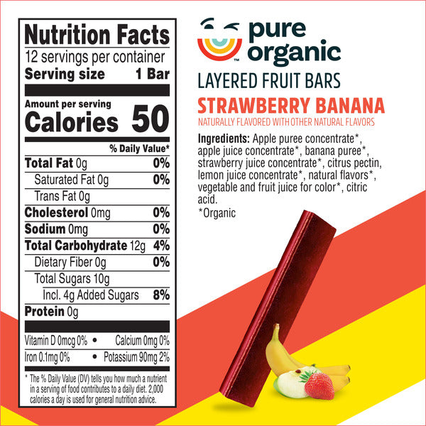 Pure Organic Strawberry Banana Layered Fruit Bars - 12 Count