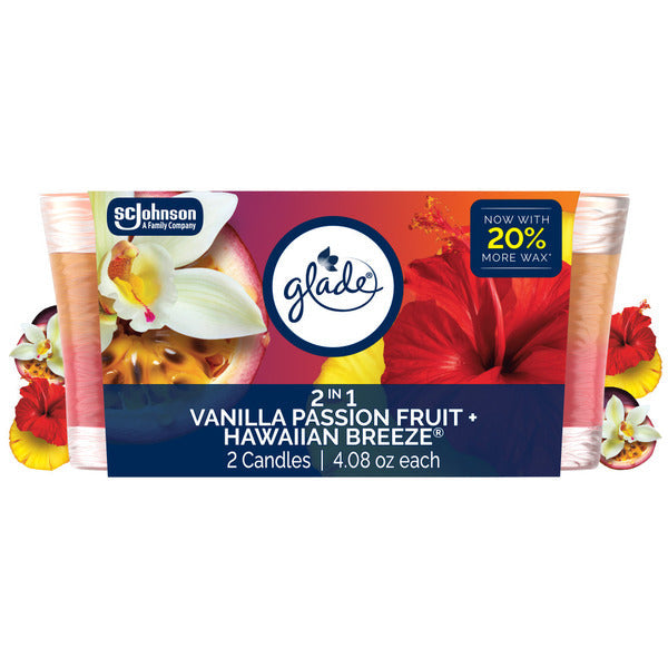 Velas Glade 2en1 de Mecha Sencilla - Brisa Hawaiana y Fruta de la Pasión