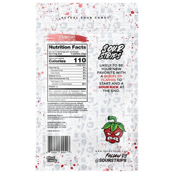 SOUR STRIPS Strawberry Flavored Chewy Candy - 3.4 oz