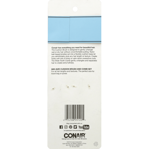 Conair Mid-Size Cushion Brush and Comb Set for Effortless Styling