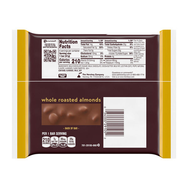 Chocolat au lait Hershey's avec amandes entières - 6 unités