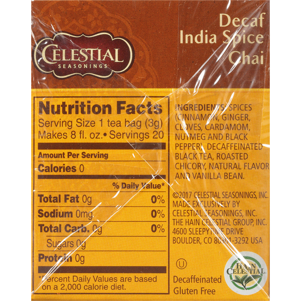 Celestial Seasonings Thé en sachets Chai épicé d'Inde décaféiné