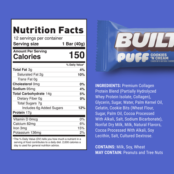 BUILT Puff Protein Bar, Cookies 'N Cream - Single Bar