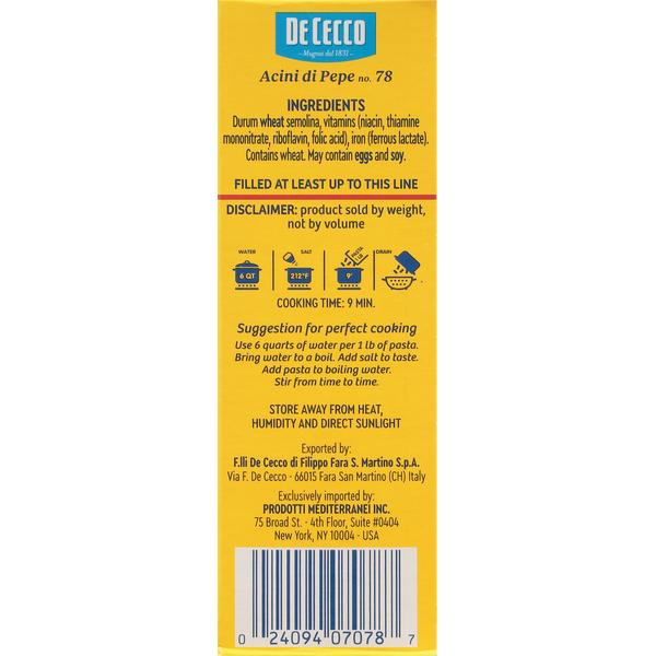 De Cecco Acini di Pepe, No. 78 - Pasta Premium Secada Lenta