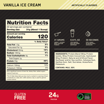 Optimum Nutrition Gold Standard Whey Protein Powder - Helado de Vainilla