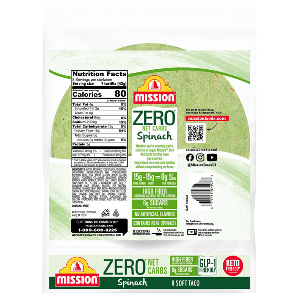 Mission Zero Net Carbs Spinach Flour Tortillas - 8 Count