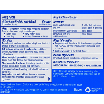 Tabletas para el alivio de alergias sin somnolencia Claritin, 10 mg