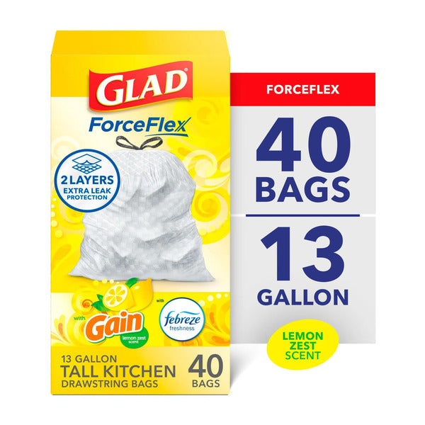 Sacs à ordures à cordon de serrage Glad ForceFlex, Gain Zest de Citron, 13 Gallons