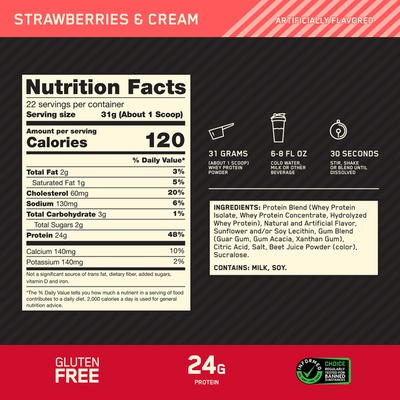 Optimum Nutrition Gold Standard Whey - Fresa y Crema, 1.5 Lb Tubo