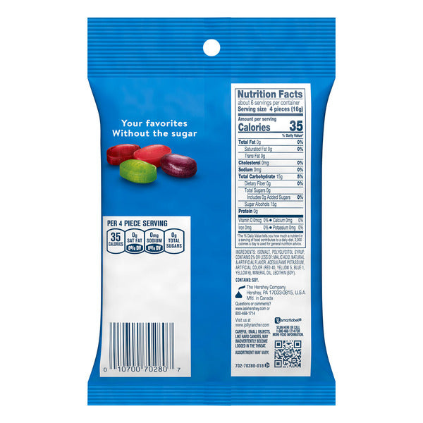 JOLLY RANCHER Caramelo Duro Sabor Frutas Sin Azúcar, 3.6 oz