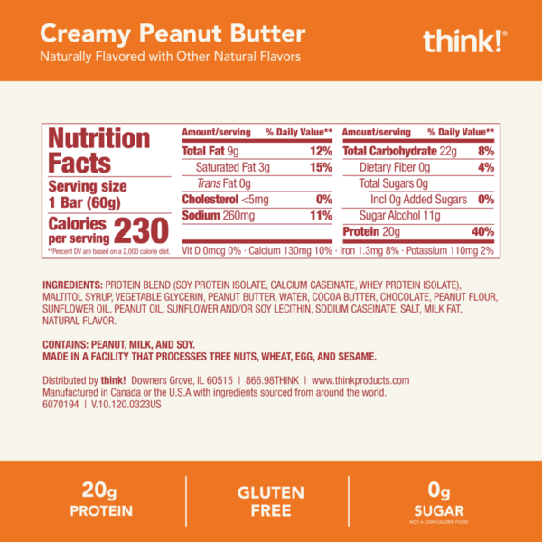 think! High Protein Bar - Creamy Peanut Butter, 20g Protein