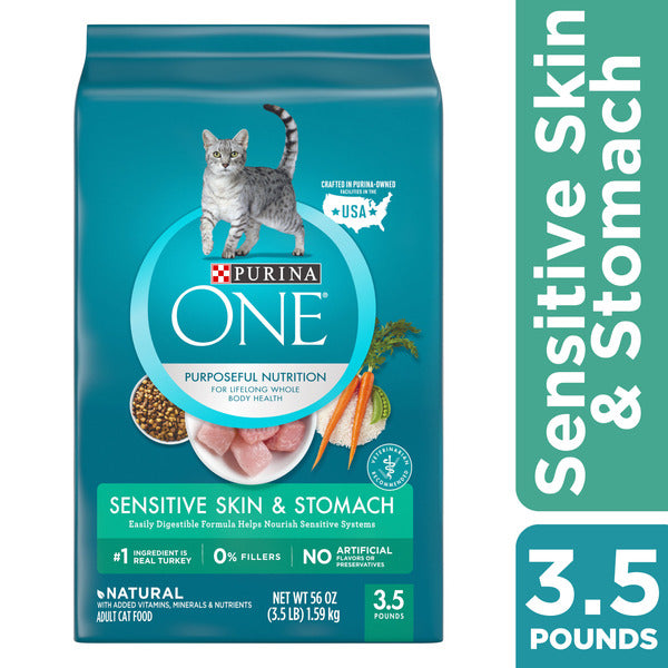 Purina ONE Comida Seca Natural para Gatos, Fórmula para Piel y Estómago Sensibles