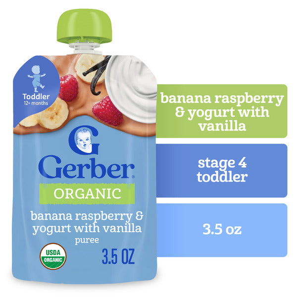Puré de Yogur Orgánico de Plátano y Frambuesa Gerber en Bolsa