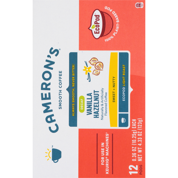 Cameron's Coffee, Smooth Light Roast, Vanilla Hazelnut, Decaf EcoPods