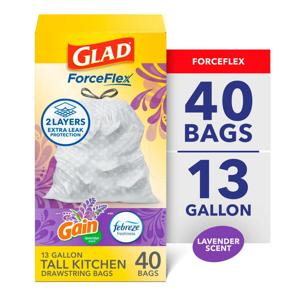 Glad ForceFlex Tall Kitchen Trash Bags, 13 Gallon, Gain Lavender