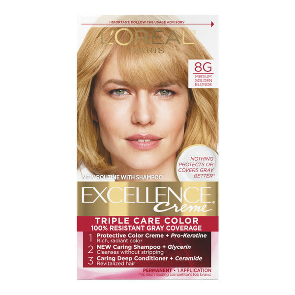 Color de Cabello Permanente L'Oreal Creme Triple Cuidado, 8G Rubio Dorado Medio