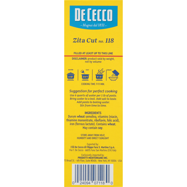 Pasta De Cecco Zita Cortada, No. 118 - Calidad Premium
