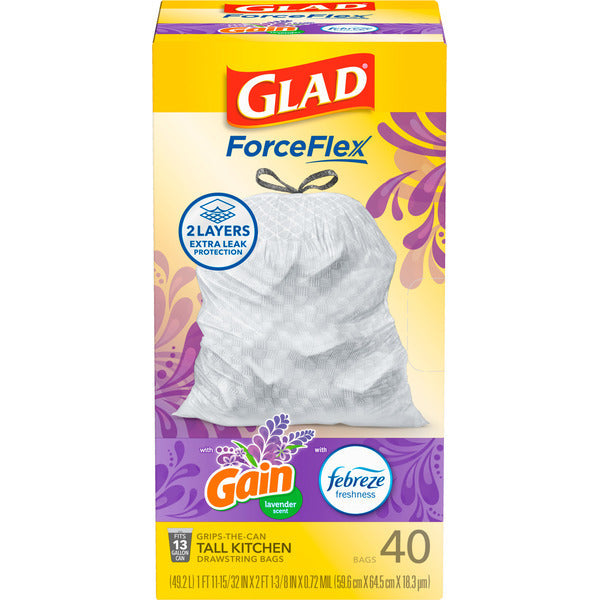 Glad ForceFlex Tall Kitchen Trash Bags, 13 Gallon, Gain Lavender
