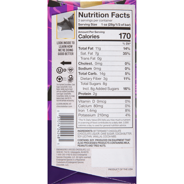Chocolat Noir Espèces Menacées avec Nibs de Cacao, 72% de Cacao