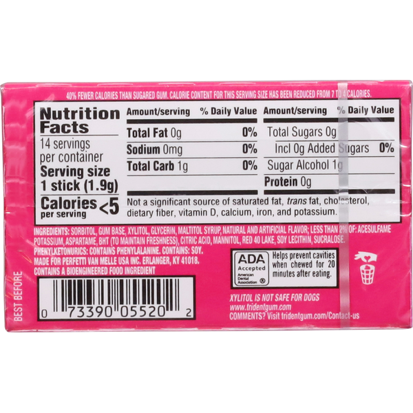 Trident Sugar Free Bubblegum Chewing Gum