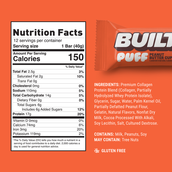 Barra de Snack de Proteína BUILT Puff - Sabor a Taza de Mantequilla de Maní (4 Conteos)