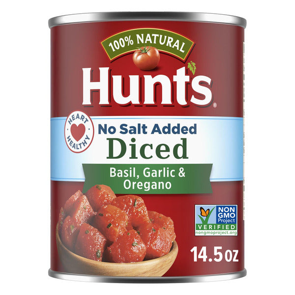 Tomates Diced Sin Sal Añadida de Hunt's con Albahaca, Ajo y Orégano