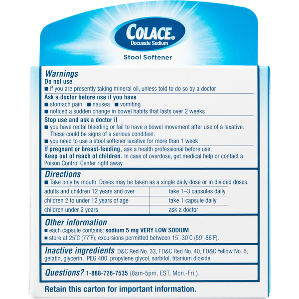 Colace Stool Softener, Regular Strength, 100 mg Capsules