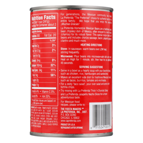 La Preferida Haricots Mexicains à l'Homestyle, Frijoles Charros
