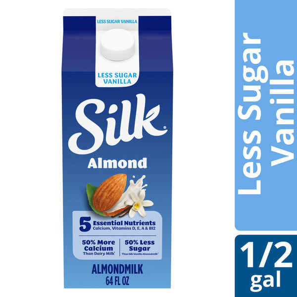 Silk Almond Milk, Less Sugar, Vanilla - 64 fl oz Half Gallon