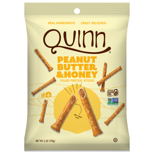 Palitos de Pretzel Rellenos de Mantequilla de Maní y Miel de Quinn Snacks