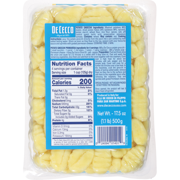 De Cecco Potato Gnocchi No. 401 - Premium Italian Pasta