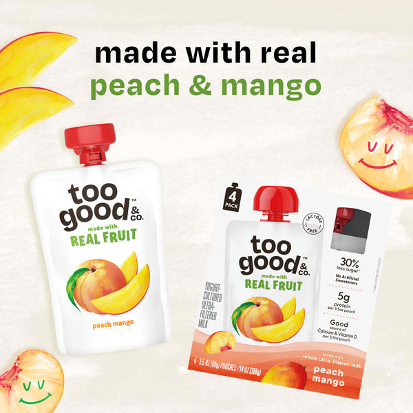 Pochettes de lait cultivé au yaourt pêche-mangue Too Good & Co., 4 unités