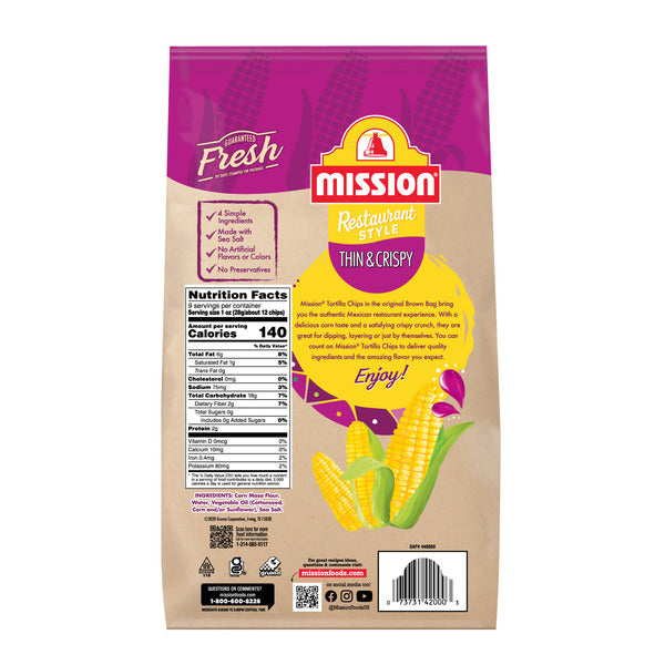 Chips de tortilla en maïs jaune fins et croustillants Mission - Sac de 9 onces