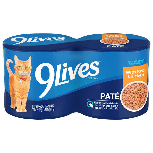 Comida Húmeda para Gatos 9Lives Paté con Pollo Real, Latas de 5.5 oz (paquete de 4)