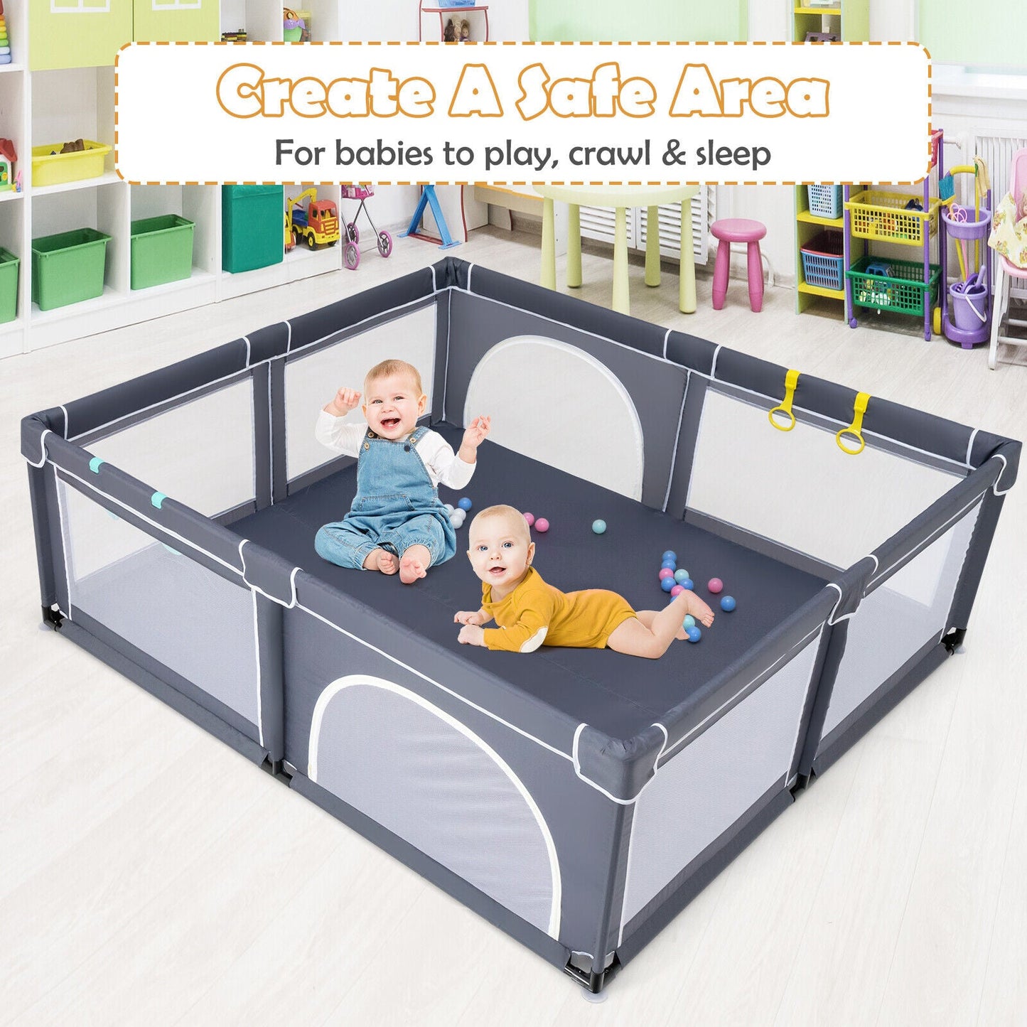 Large Infant Baby Playpen with 50 Ocean Balls - Dark Gray