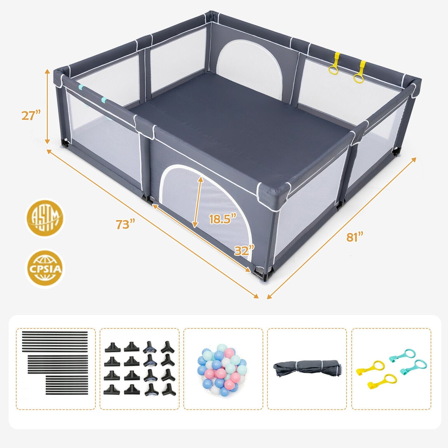 Large Infant Baby Playpen with 50 Ocean Balls - Dark Gray
