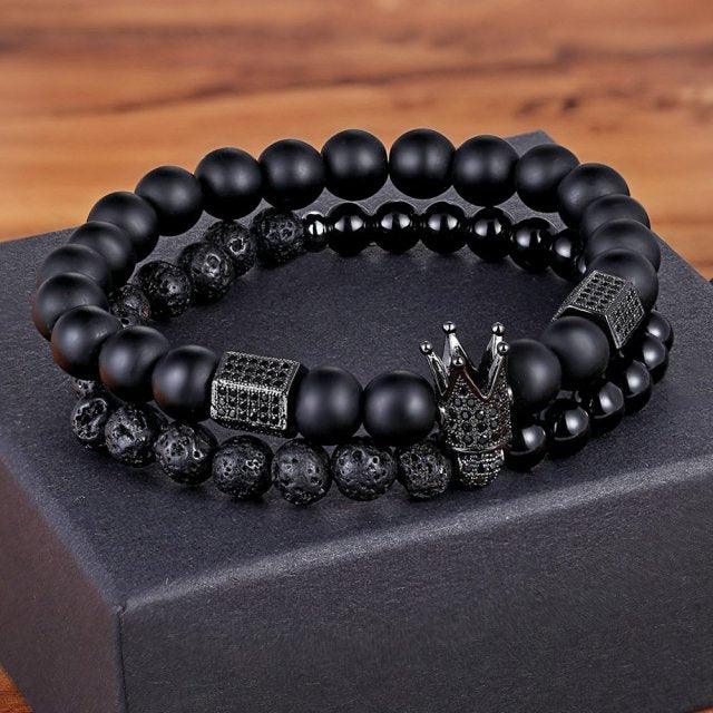 Ensemble de Bracelets en Pierre de Lave et Perles de Zircon Cubique pour Hommes et Femmes
