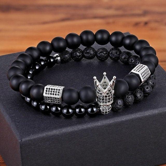 Ensemble de Bracelets en Pierre de Lave et Perles de Zircon Cubique pour Hommes et Femmes