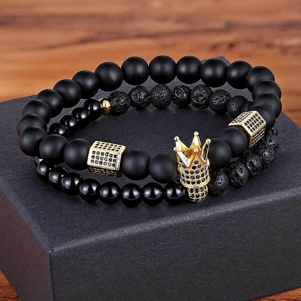 Ensemble de Bracelets en Pierre de Lave et Perles de Zircon Cubique pour Hommes et Femmes