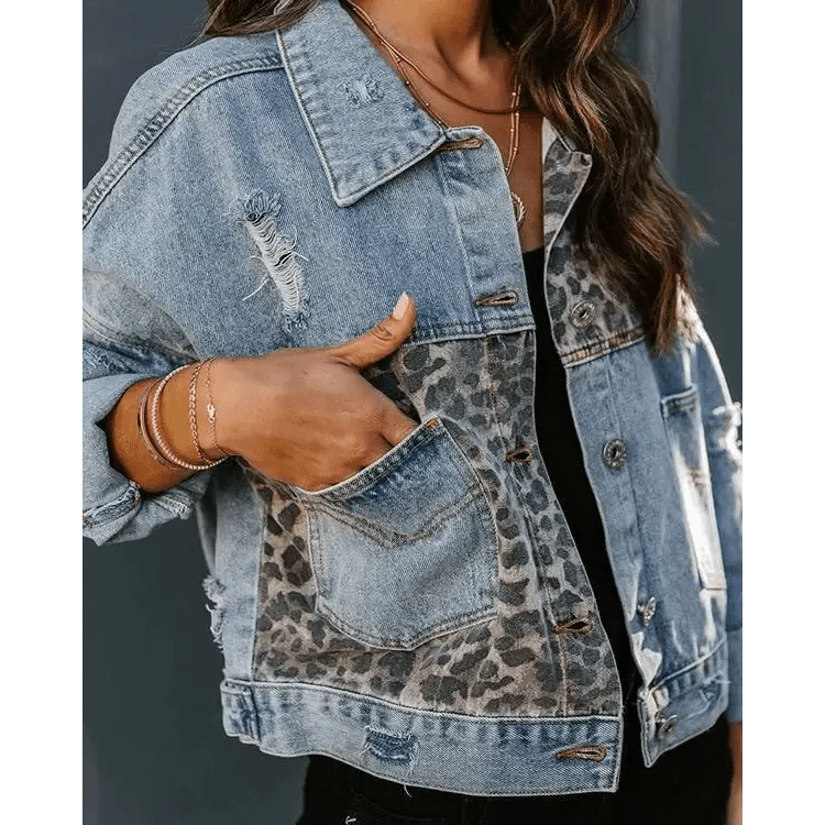 Chaqueta de mezclilla con estampado de leopardo a la moda para mujeres