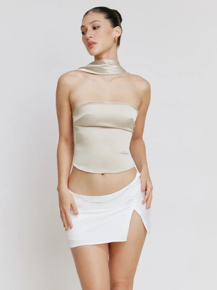 Halter Backless Satin Crop Top