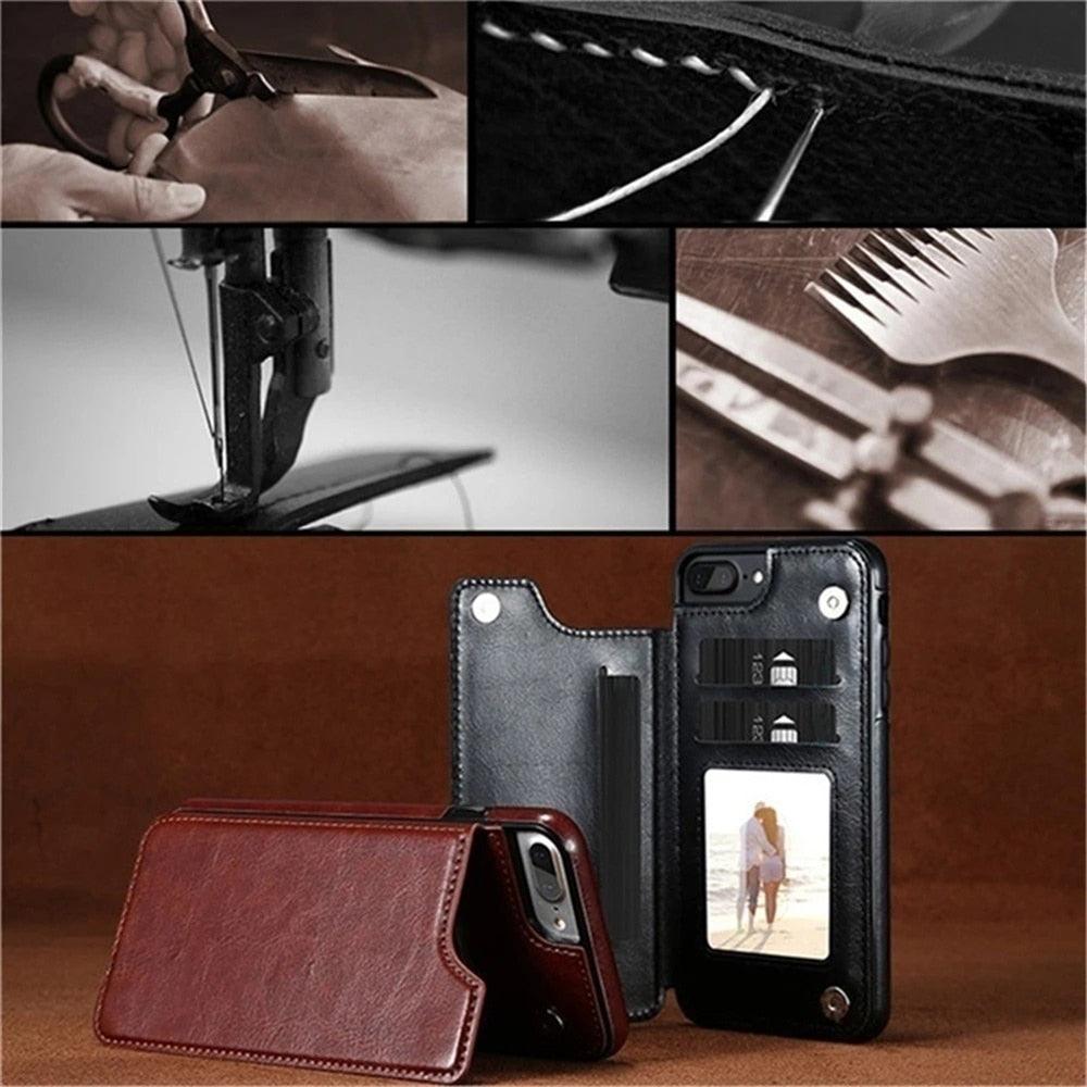 Premium Leather Retro Card Holder Flip Cover for iPhone