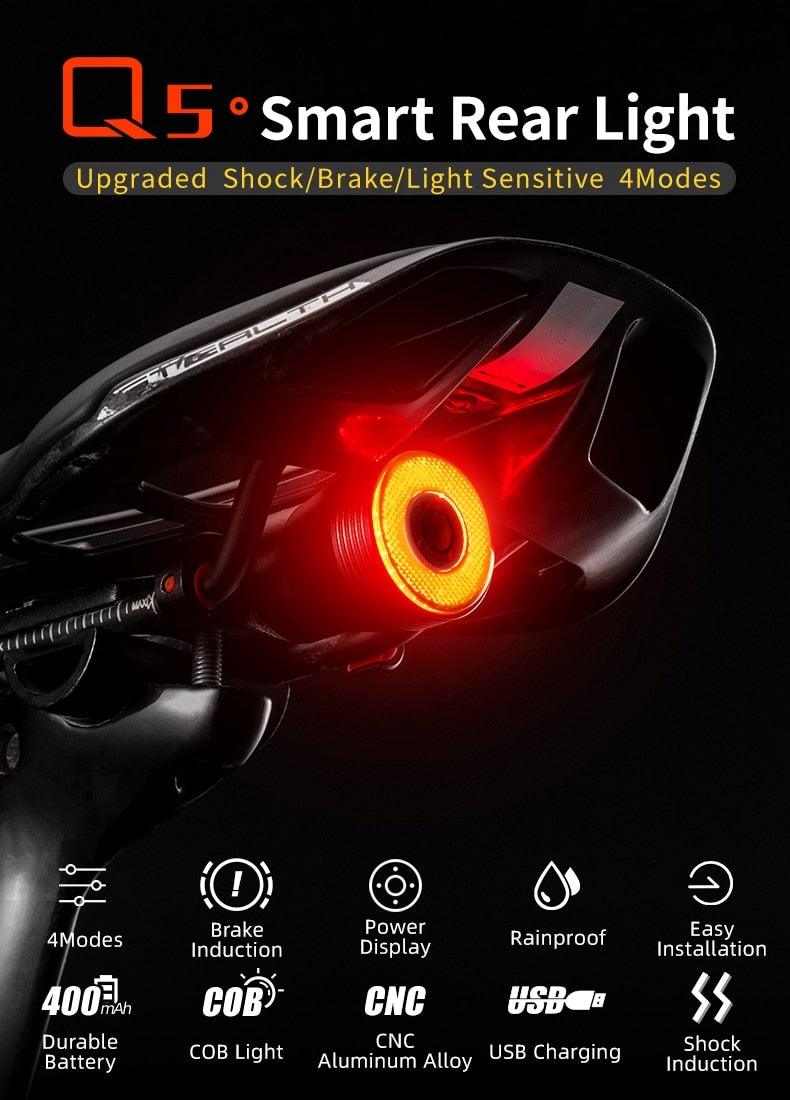 Feu arrière de vélo LED rechargeable USB intelligent avec capteur de frein